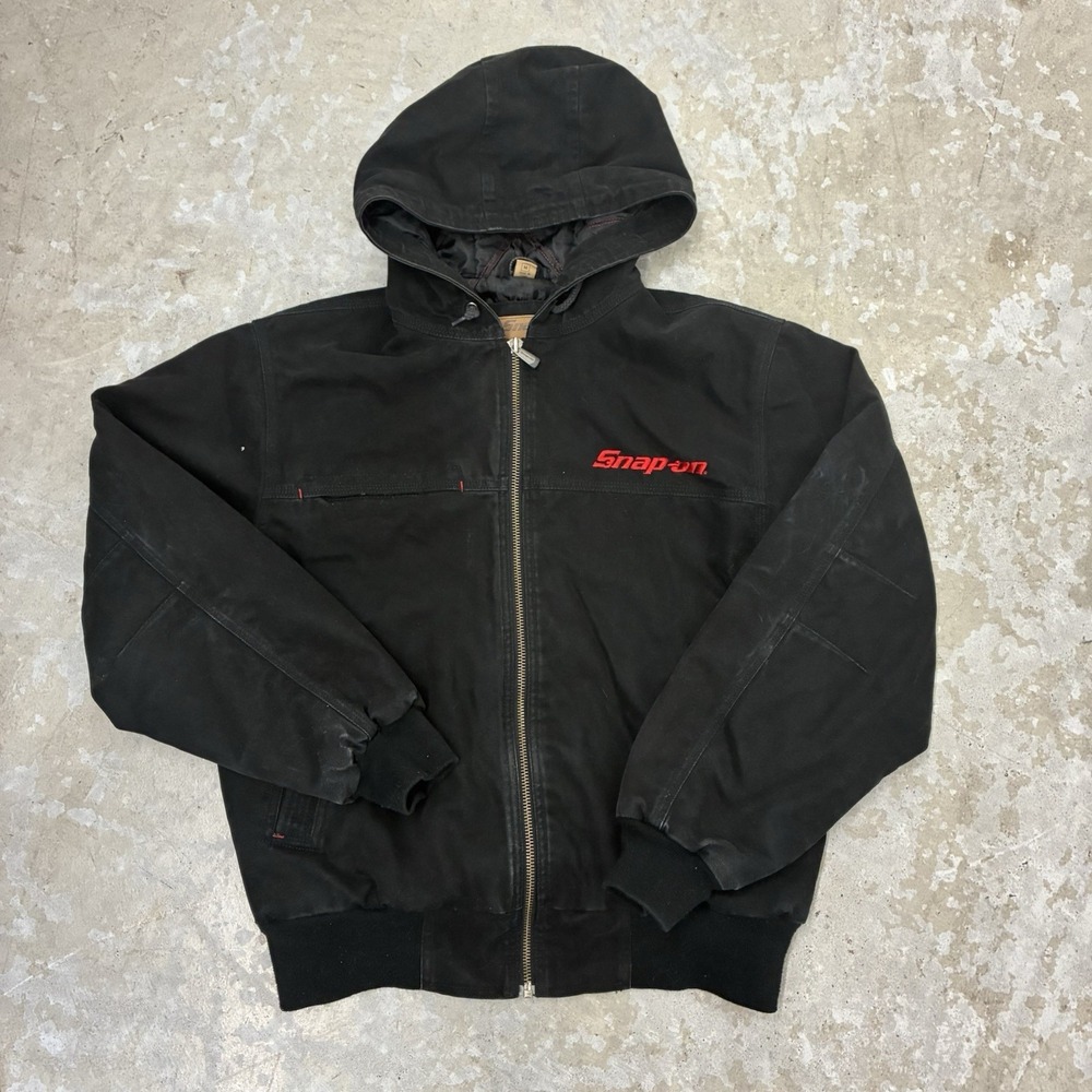 Snap-On Workwear Jacket Mens M Hooded Quilted Lined Black Heavy Mechanic Coat